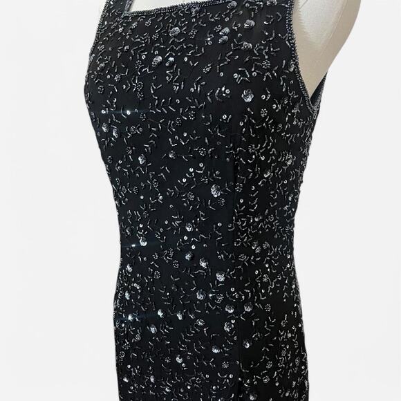 VTG 90s Phoebe Black & Gunmetal Silk Floral Beaded Sparkly Sequin Mini Dress 2 - Picture 6 of 8